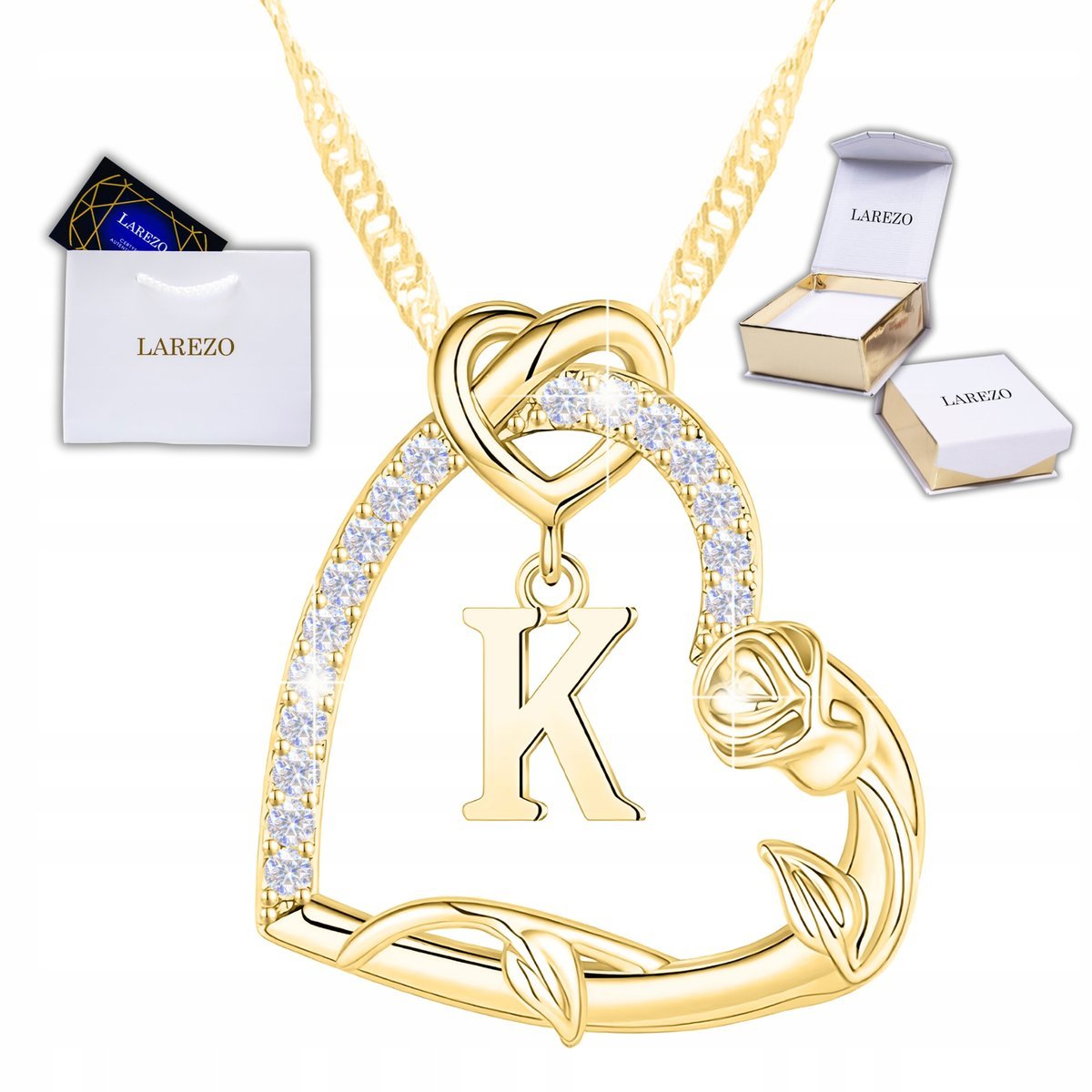 Złoty Naszyjnik Serce z Literką SREBRO Kwiatek Róża Litera K POZŁACANY 585