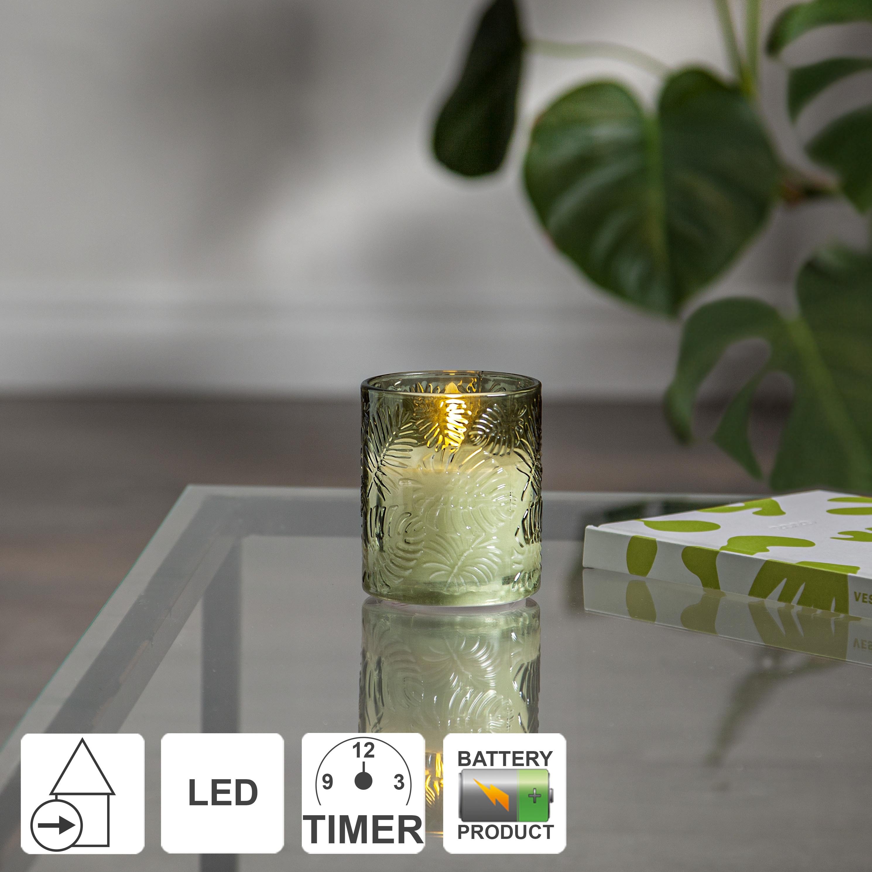 Świeca Led szklana woskowa FLAMME LEAF zielona 10cm