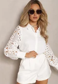 Koszule damskie - Biała Koszula z Eleganckimi Rękawami Ozdobionymi Ażurową Koronką Urecca - miniaturka - grafika 1