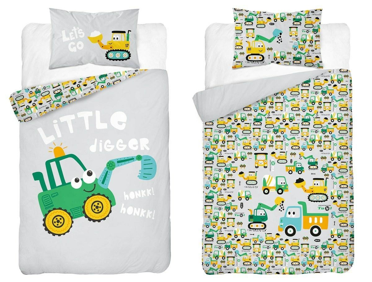 Pościel bambusowa dziecięca 100x135 szara z zieloną koparką Baby Bamboo