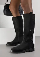 Kozaki damskie - Czarne Eleganckie Kozaki Oficerki z Imitacji Zamszu Zdobione Aplikacją Salissana - miniaturka - grafika 1