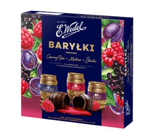 E.Wedel Baryłki owocowe czarny bez, malina, śliwka z alkoholem w czekoladzie deserowej 200g - Bombonierki i czekoladki - miniaturka - grafika 1