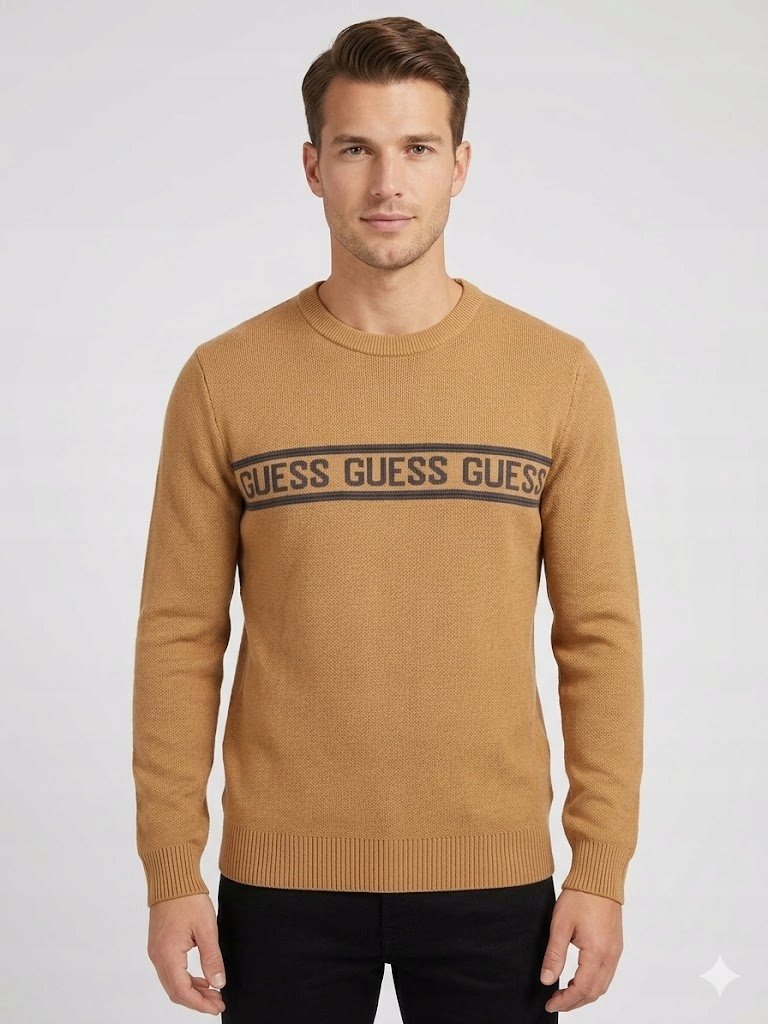 GUESS MĘSKI SWETER BEŻOWY GŁADKI Z OKRĄGŁYM DEKOLTEM XS GŁA