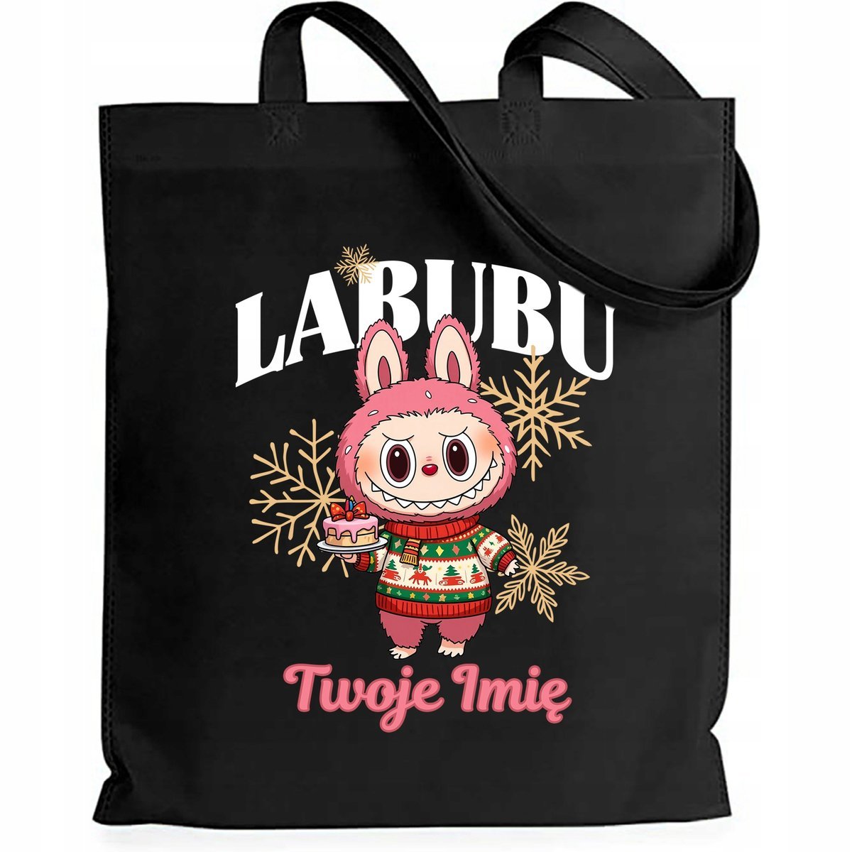Torba Czarna Shopper Z CIASTEM *IMIĘ* Prezent Święta Mikołajki Wzory