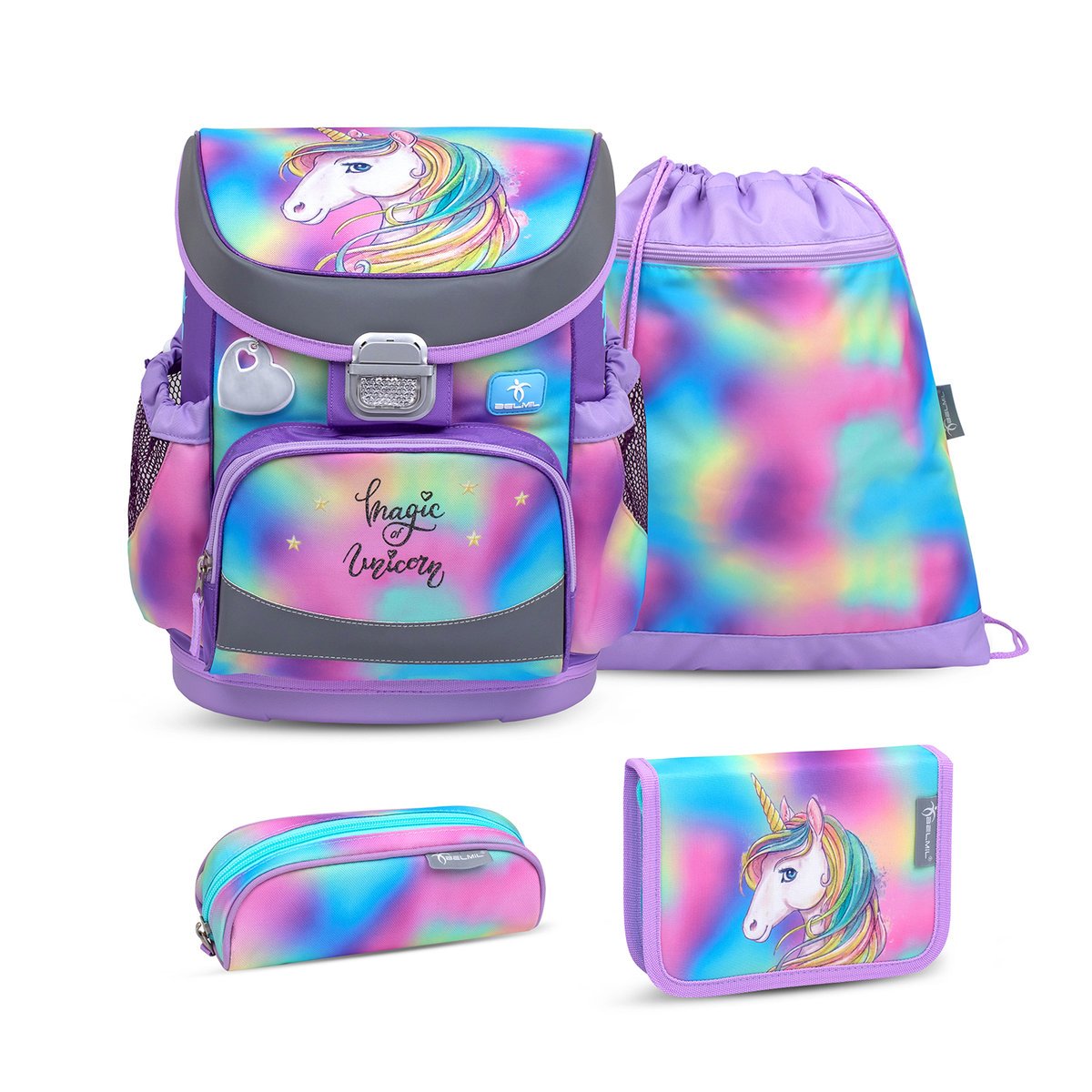 Ergonomiczny zestaw szkolny Belmil Mini-Fit „Rainbow Color” dla dziewczynek – 4 części