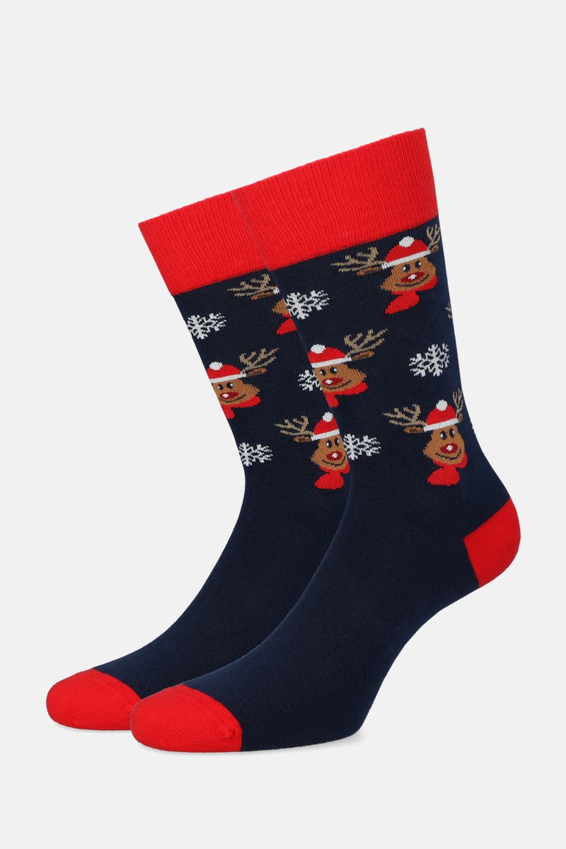 Skarpety Świąteczne Granatowo-Czerwone W Śnieżynki I Renifery