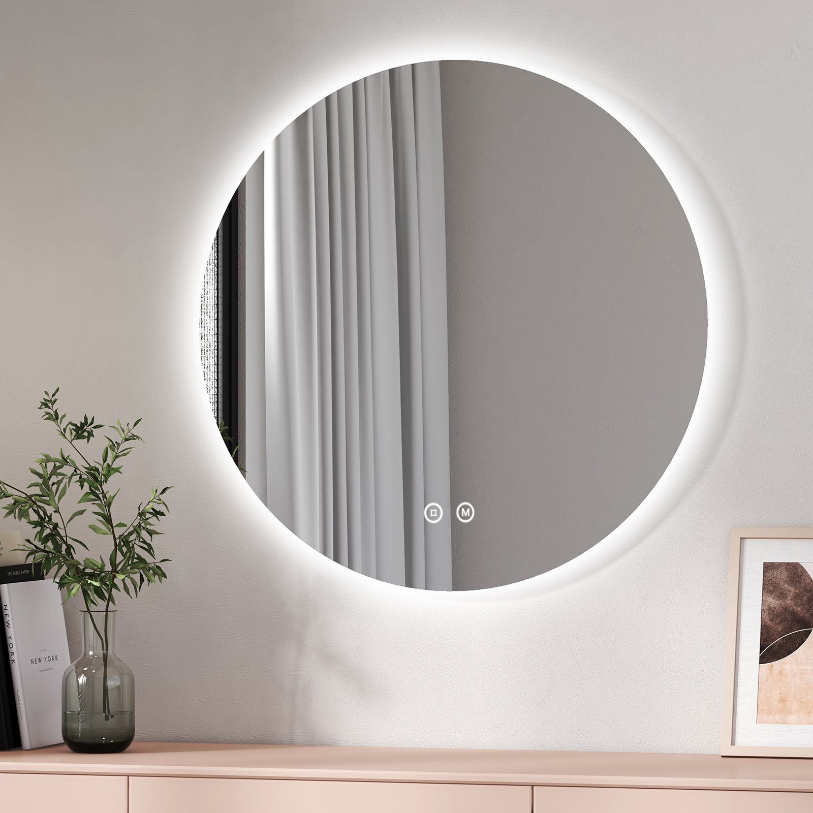 Lustro łazienkowe EMKE LED okrągłe średnica 70 cm, lustro łazienkowe z regulowanym oświetleniem, zimne białe, neutralne, ciepłe oświetlenie, lustro ścienne z przełącznikiem dotykowym
