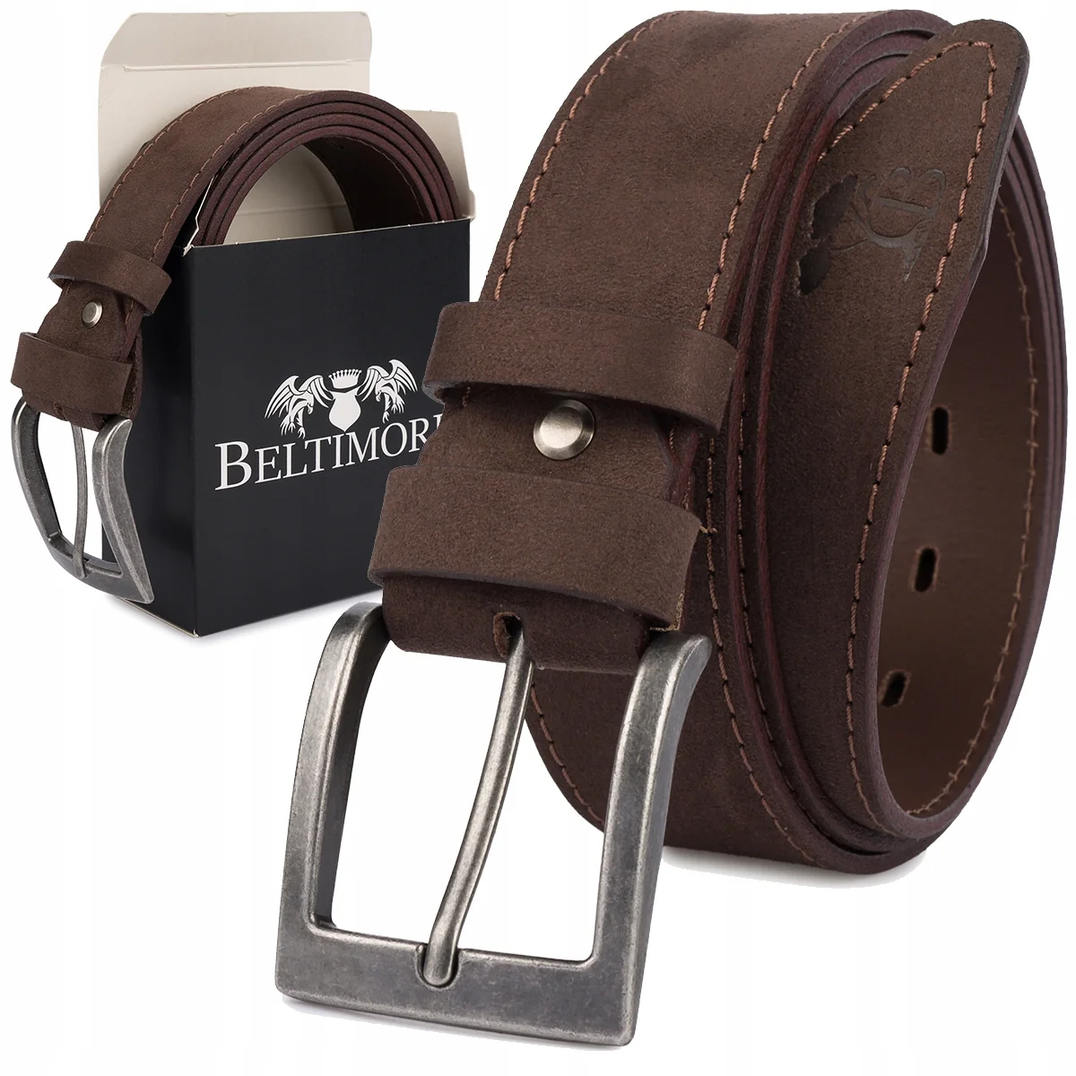 Pasek męski skórzany zamszowy szeroki 4cm klasyk brązowy premium Beltimore