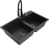 Zlewozmywaki z baterią - Mexen Tomas zlewozmywak granitowy 2-komorowy z baterią kuchenną Aster, czarny/złoty metalik - 6516-75-73450-70-B - miniaturka - grafika 1