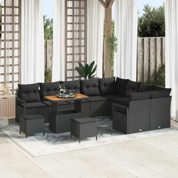 5-elementowy zestaw sof ogrodowych, rattan, czarny, 60 cm głębokości