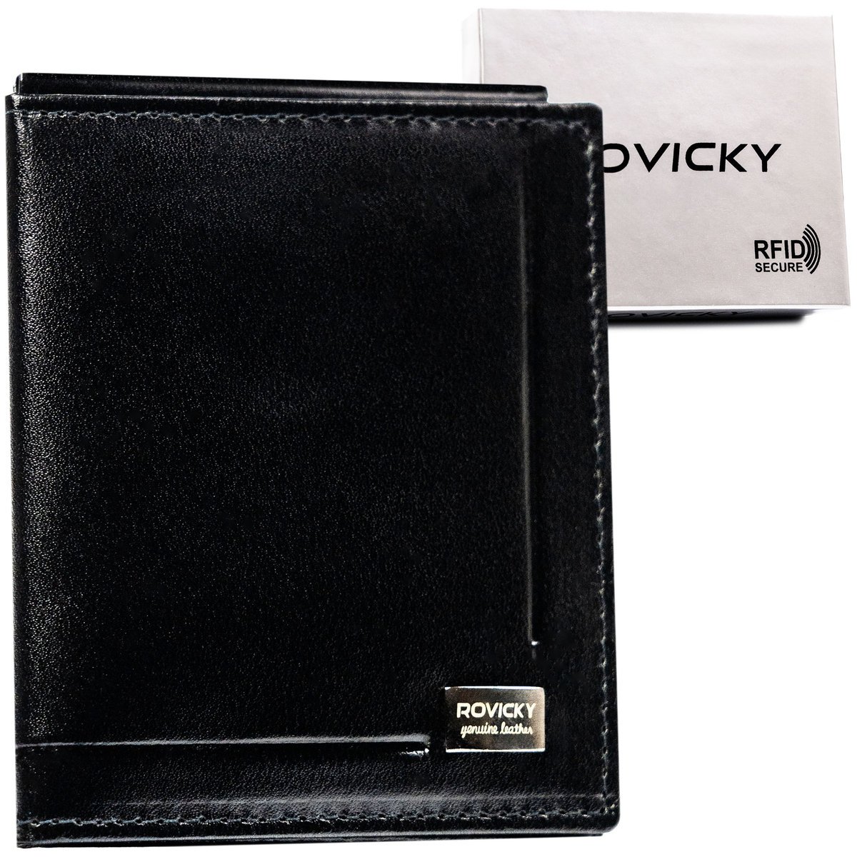 Czarny skórzany portfel męski na banknoty ROVICKY etui na karty i dokumenty banknotówka klips na banknoty pudełko prezentowe ochrona RFID STOP