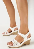 Sandały damskie - Białe Sandały na Niskim Koturnie z Rzepem i Kwiatkiem Dereka - miniaturka - grafika 1