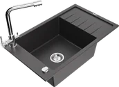Zlewozmywaki z baterią - Mexen Elias zlewozmywak granitowy 1-komorowy z ociekaczem i baterią kuchenną Duero, czarny nakrapiany - 6511-76-671600-00 - miniaturka - grafika 1