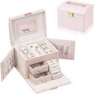 Kosmetyczki, organizery i kuferki - Kuferek na biżuterię z lusterkiem i na zamek perłowy róż - miniaturka - grafika 1