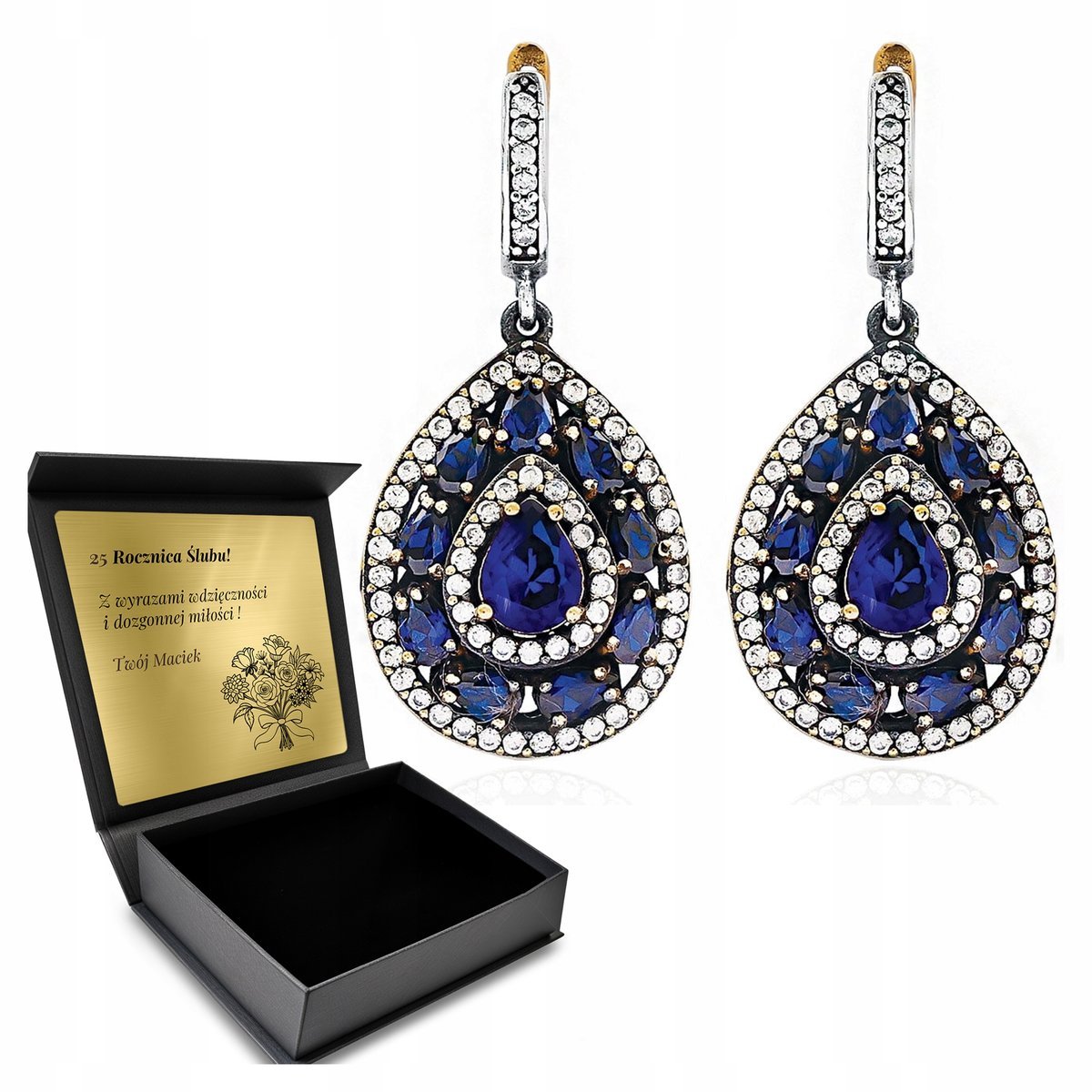 Kolczyki Srebrne Z Turcji Orientalne Bogato Zdobione Z Szafirem Z Grawerem