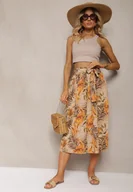 Spodnie damskie - Beżowe Spodnie High Waist z Szerokimi Nogawkami z Gumką w Talii i Materiałowym Paskiem Berlefia - miniaturka - grafika 1