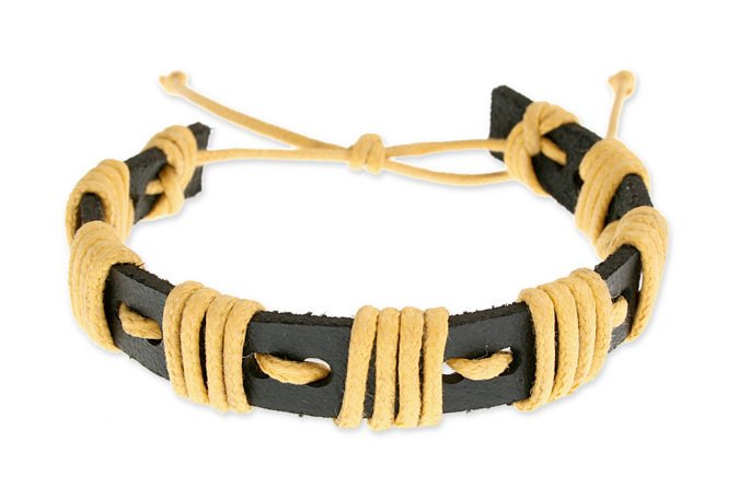 Bransoletka Czarna Skóra Żółty Sznurek