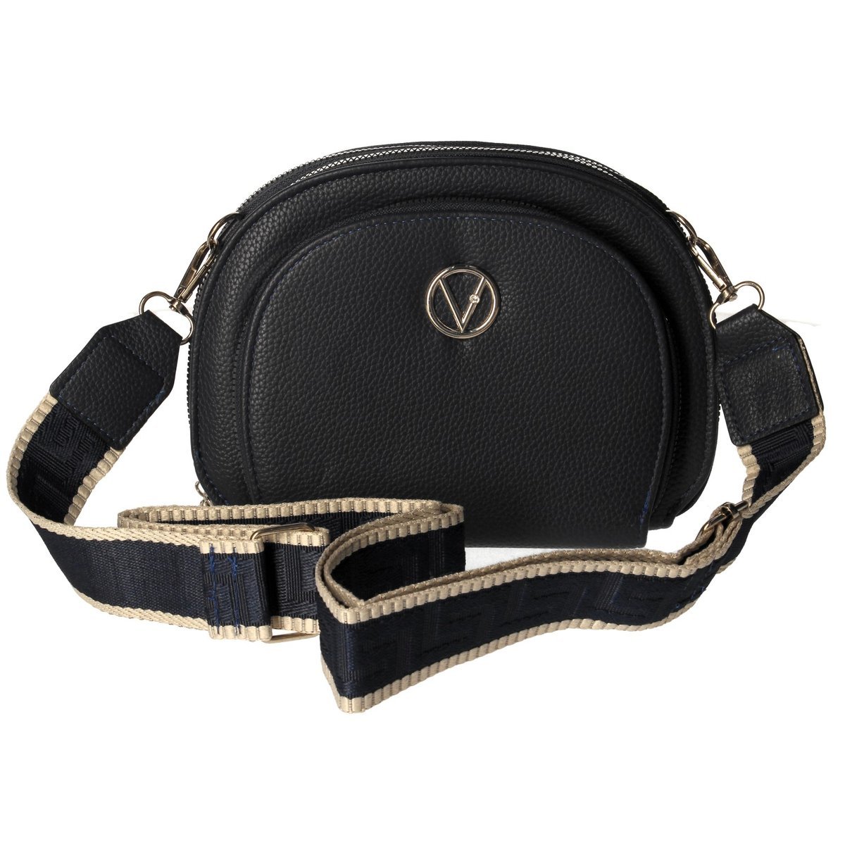 Torebka damska Listonoszka z geometrycznym paskiem granatowa