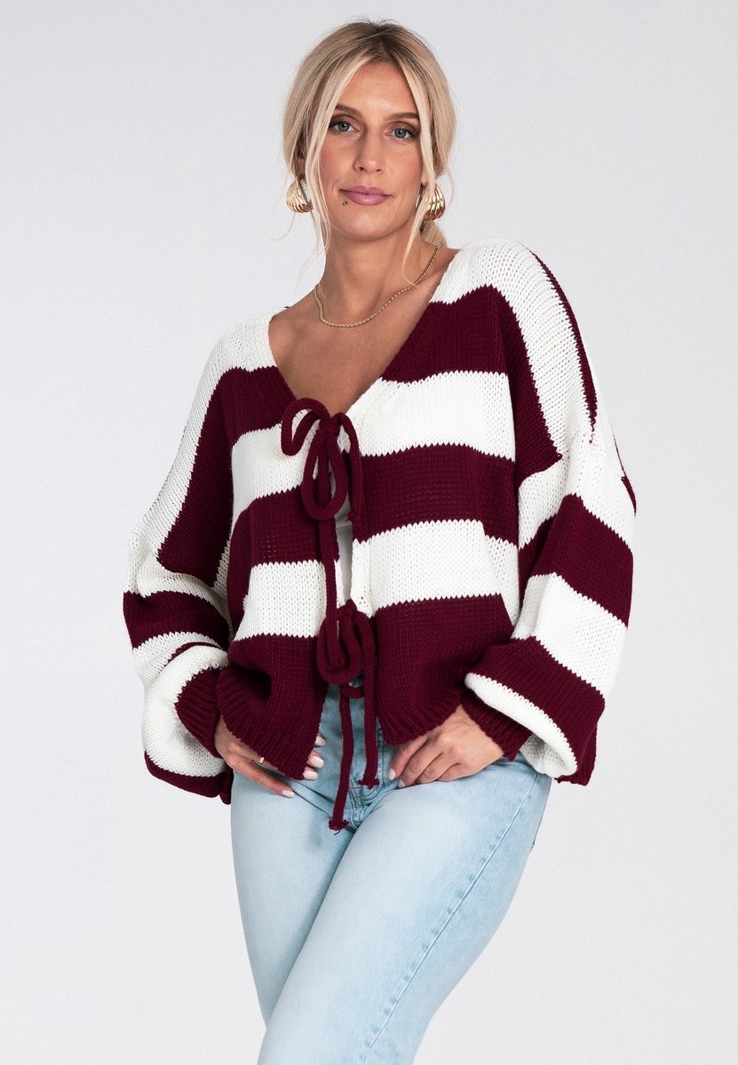 Damski sweter w biało-bordowe pasy z wiązaniem i dekoltem V, krótki luźny casual - M1244, bordowy, XL