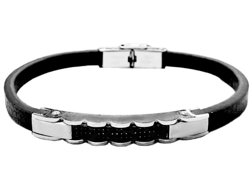 Bransoletka męska ze stali chirurgicznej na czarnym skórzanym pasku