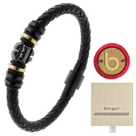 Bransolety męskie - Bransoletka męska SKÓRZANA zdobiona PLECIONA złota - miniaturka - grafika 1