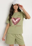 Koszulki i topy damskie - Jasnozielony T-shirt z Ozdobnym Nadrukiem Palithiela - miniaturka - grafika 1