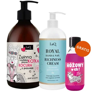 Zestaw LaQ, krem do rąk i paznokci, Royal, 300 ml + Bossy & Sexy Walentynki, żel pod prysznic, piwonia, 500 ml + żel pod prysznic, Różowy w ch!, 100 ml gratis - Zestawy kosmetyków damskich - miniaturka - grafika 1