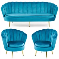 Sofy i kanapy - Zestaw Glamour: sofa 1,8m i 2 fotele muszelki ELIF turkusowy welur #22, złote nogi - miniaturka - grafika 1
