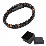 Bransolety męskie - Czarna Skórzana Bransoletka Męska Pleciona Kamień Naturalny Tygrysie Oko - miniaturka - grafika 1
