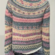 Swetry damskie - TEMU Damski miękki sweter z okrągłym dekoltem - Pastelowy róż i wielokolorowy sweter w poziome paski z różowym, zielonym, brązowym, fioletowym, - miniaturka - grafika 1