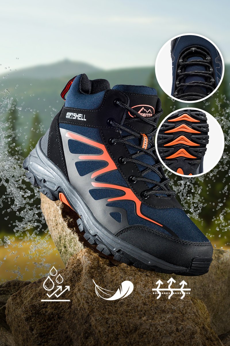 Granatowe buty trekkingowe damskie sznurowane z pomarańczowymi dodatkami softshell Casu B2109-6-36