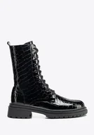 Półbuty męskie - Damskie glany z lakierowanej skóry croco czarne - miniaturka - grafika 1