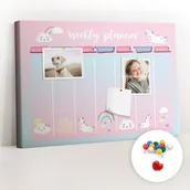 Tablice i flipcharty - Szkolna Tablica korkowa 60x40 cm, Kolorowe Pinezki, wzór Tygodniowy planer jednorożce - miniaturka - grafika 1