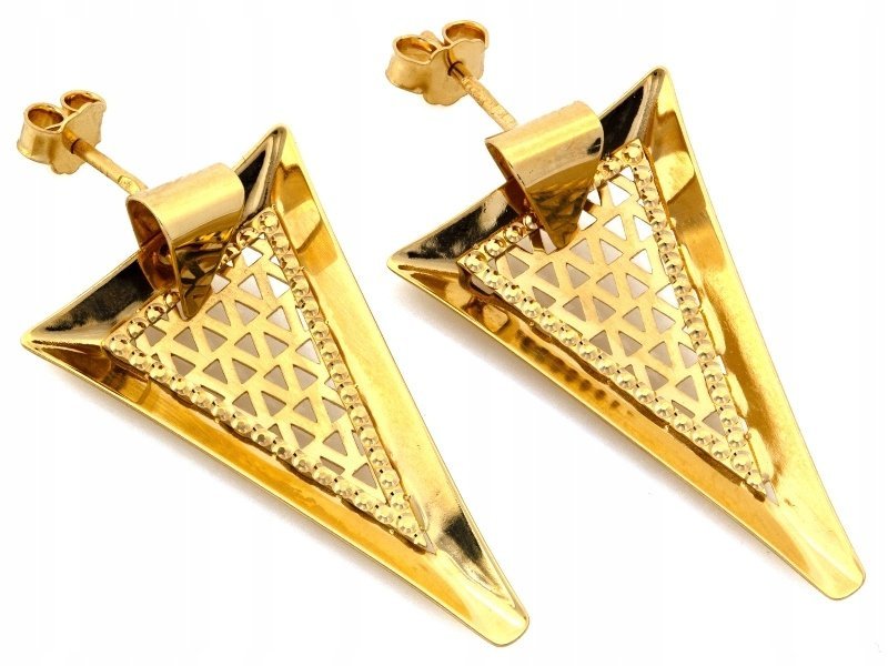 Kolczyki z żółtego złota 585 modne trójkąty z ażurowym wzorem na sztyfcie