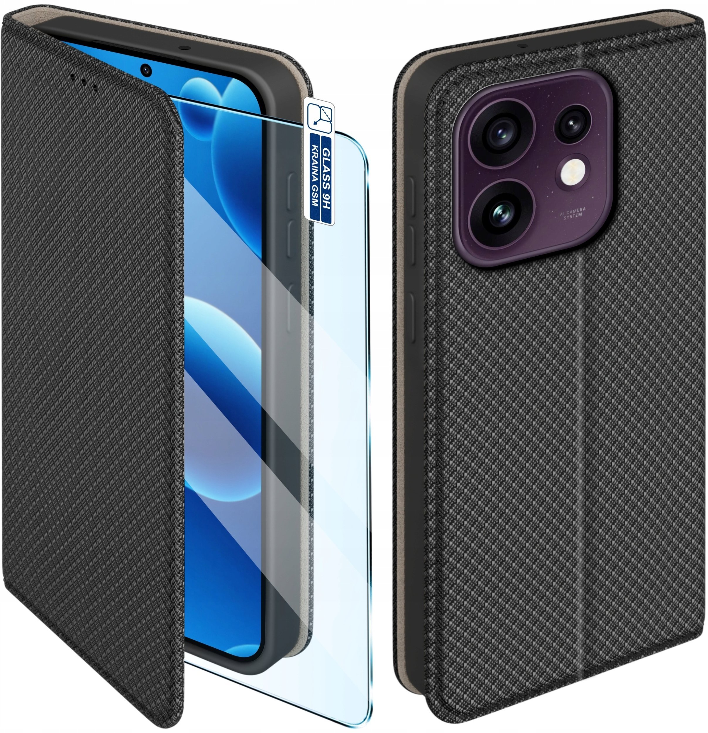 krainaGSM Etui Z Klapką Do Oppo Reno 16 5G Zamykane Czarne Futerał + Szkło 9H