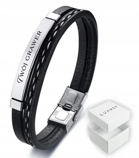 Bransoletka Męska Skórzana Czarna Stal Z Grawerem - Bransolety męskie - miniaturka - grafika 1