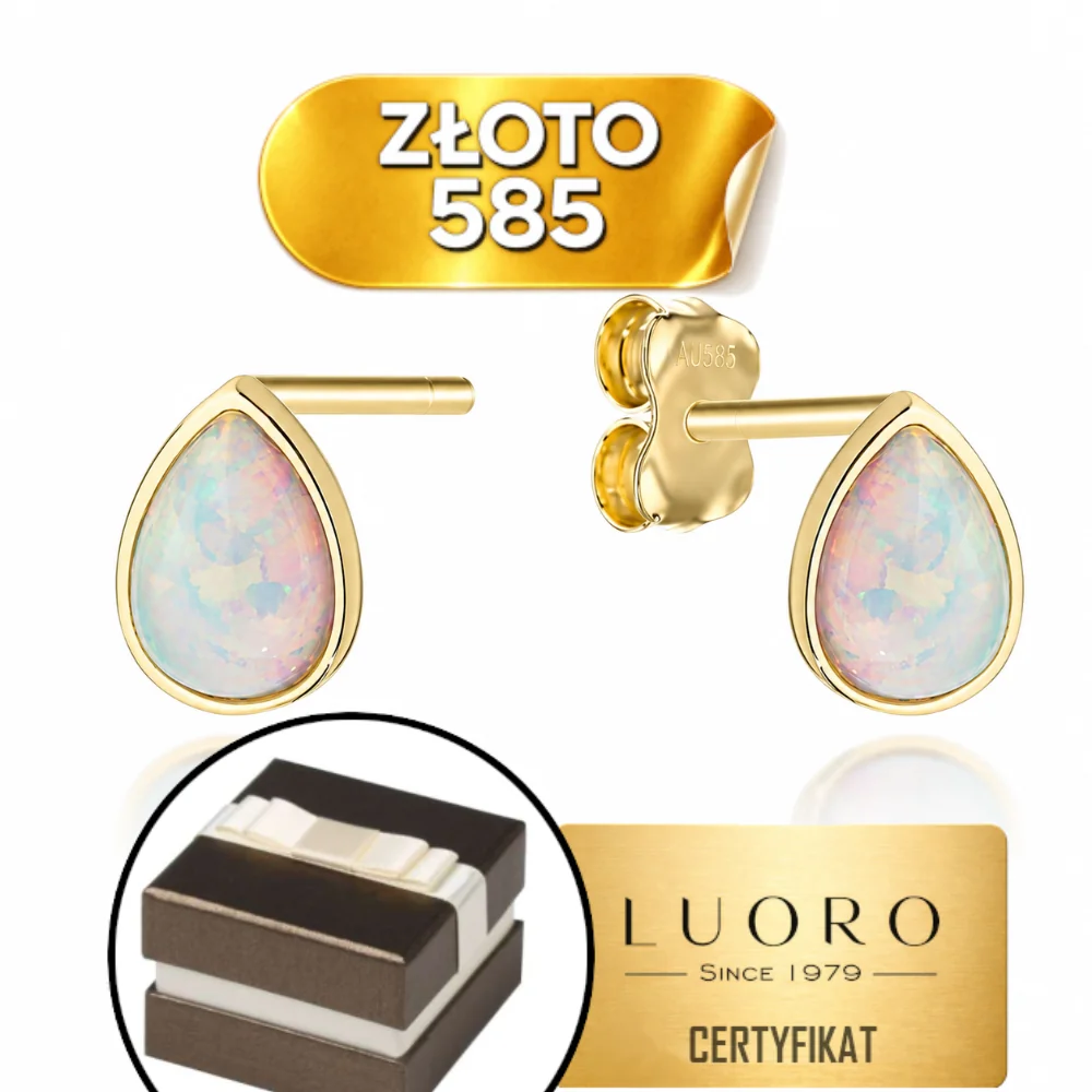 KOLCZYKI ZŁOTE 585 14K ŁEZKI Z SYNTETYCZNYM OPALEM SZTYFT 6,9 MM PREZENT
