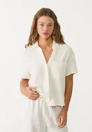 Koszule damskie - Stradivarius Koszula z mieszanku lnu z krótkim rękawem Biały M - miniaturka - grafika 1