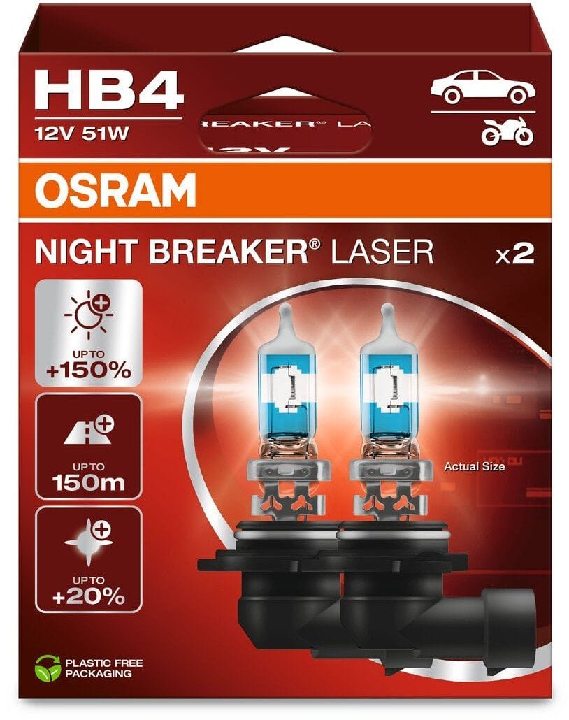 Osram Żarówka Zestaw 2szt. HB4 12V 51W P22D do 150 m. długości wiązki światła, do 150% większa jasność, do 20% bielsze światło Night Breaker Laser, biała