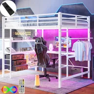 Łóżka dla dzieci i młodzieży - Łóżko antresolowe 140 x 200 cm z biurkiem narożnym, 3 szufladami i półkami - port USB i oświetlenie nastrojowe - metalowe - białe (bez materaca) - miniaturka - grafika 1