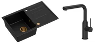 Zlewozmywaki z baterią - Quadron Unique Zlewozmywak granitowy jednokomorowy 78*50*22 cm z ociekaczem MORGAN 111 PURE CARBON z syfonem Push-2-Open w kolorze miedzianym z baterią ANGELINA Q LINE PURE CARBON z wyciąganą wylewką kolor czarny - - miniaturka - grafika 1