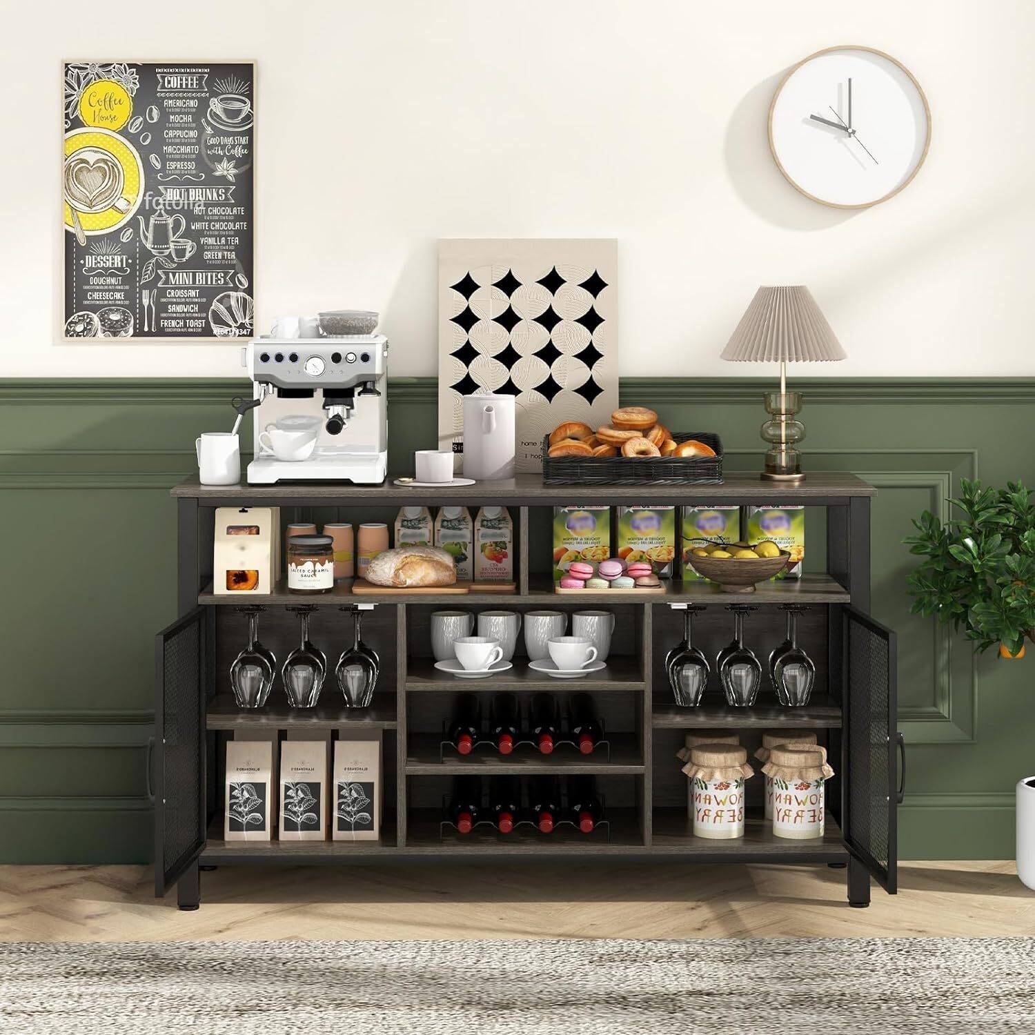 Kredens COSTWAY, szafka kuchenna z 2 drzwiami z metalowej siatki, otwartymi przegrodami, stojakami na wino i uchwytami na kieliszki do wina, szafka do przechowywania 140 x 40 x 82,5 cm Szary