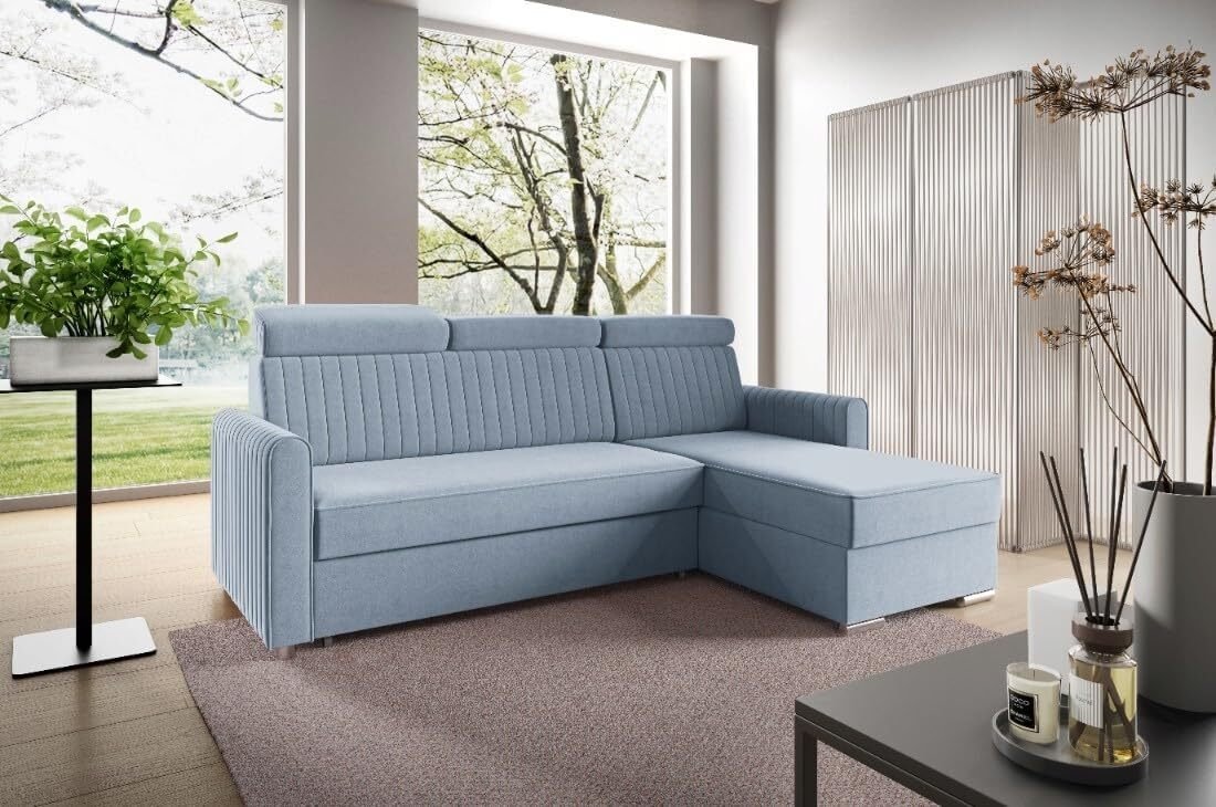 LIKMA Narożnik 213 cm Błękitny Rozkładany NELI Kształt L z Funkcją Spania (190x125 cm) i Pojemnikiem na Pościel Sofa z Regulowanymi Zagłówkami
