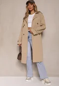 Płaszcze damskie - Ciemnobeżowy Dwurzędowy Płaszcz Typu Trencz z Pagonami i Paskiem w Talii Malwizia - miniaturka - grafika 1