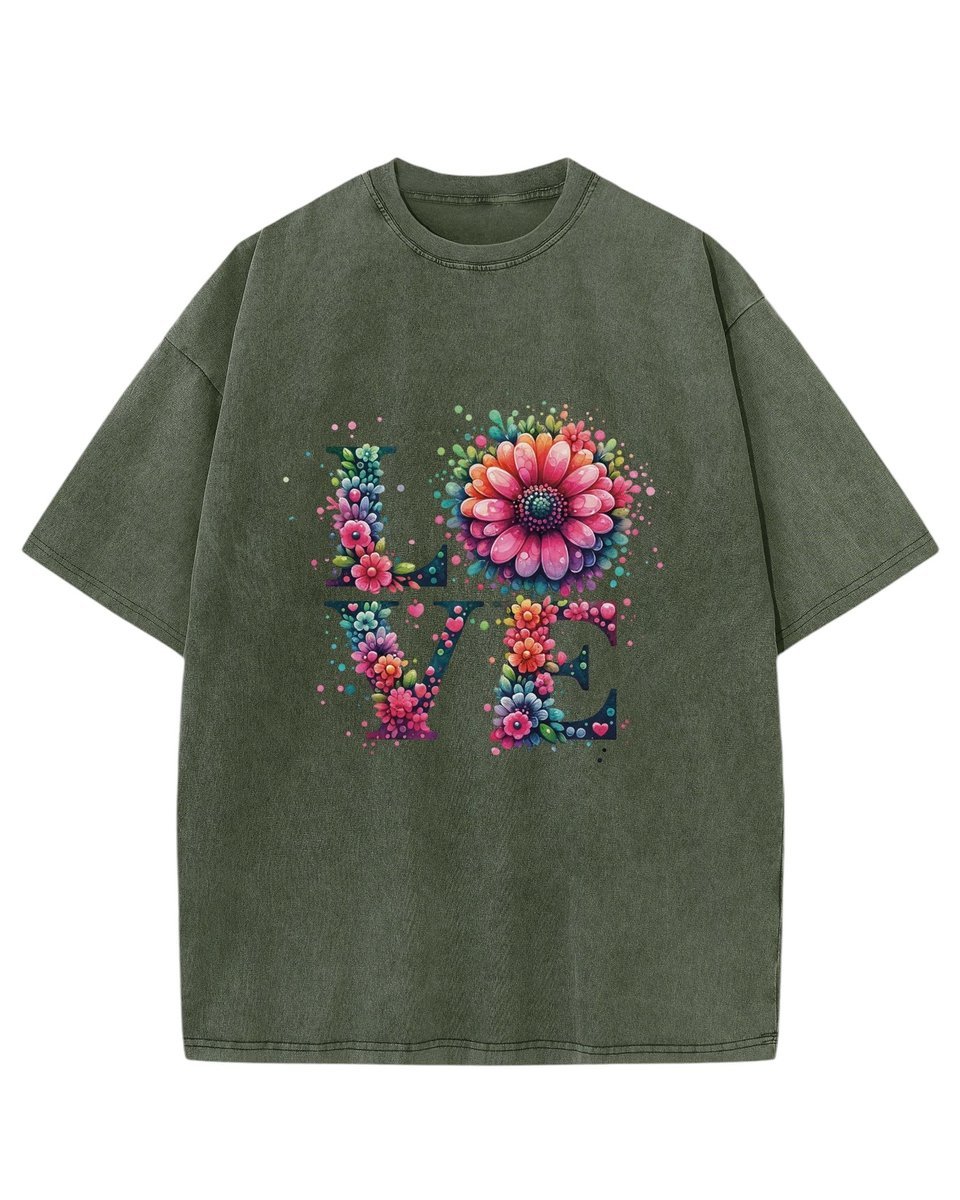 Damska koszulka oversize efekt sprania Miłość Love Kwiaty Khaki XL