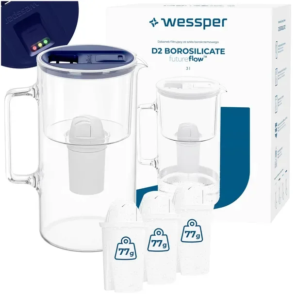 Szklany dzbanek filtrujący Wessper D2 BOROSILICATE futureflow 3l + 4x filtr