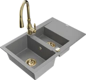 Zlewozmywaki z baterią - Mexen Gaspar zlewozmywak granitowy 1,5-komorowy z ociekaczem i baterią kuchenną Savita, szary - 6507-71-672601-50 - miniaturka - grafika 1