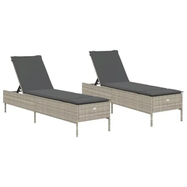 Leżaki ogrodowe jasnoszare z poduszkami, rattan PE, 198 x 55 x 39-97 cm
