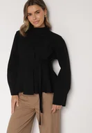 Swetry damskie - Czarny Kardigan z Wiskozą i Wiązaniem w Pasie Tusvela - miniaturka - grafika 1