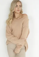 Swetry damskie - Jasnobeżowy Sweter z Wiskozy Oversize Yorate - miniaturka - grafika 1